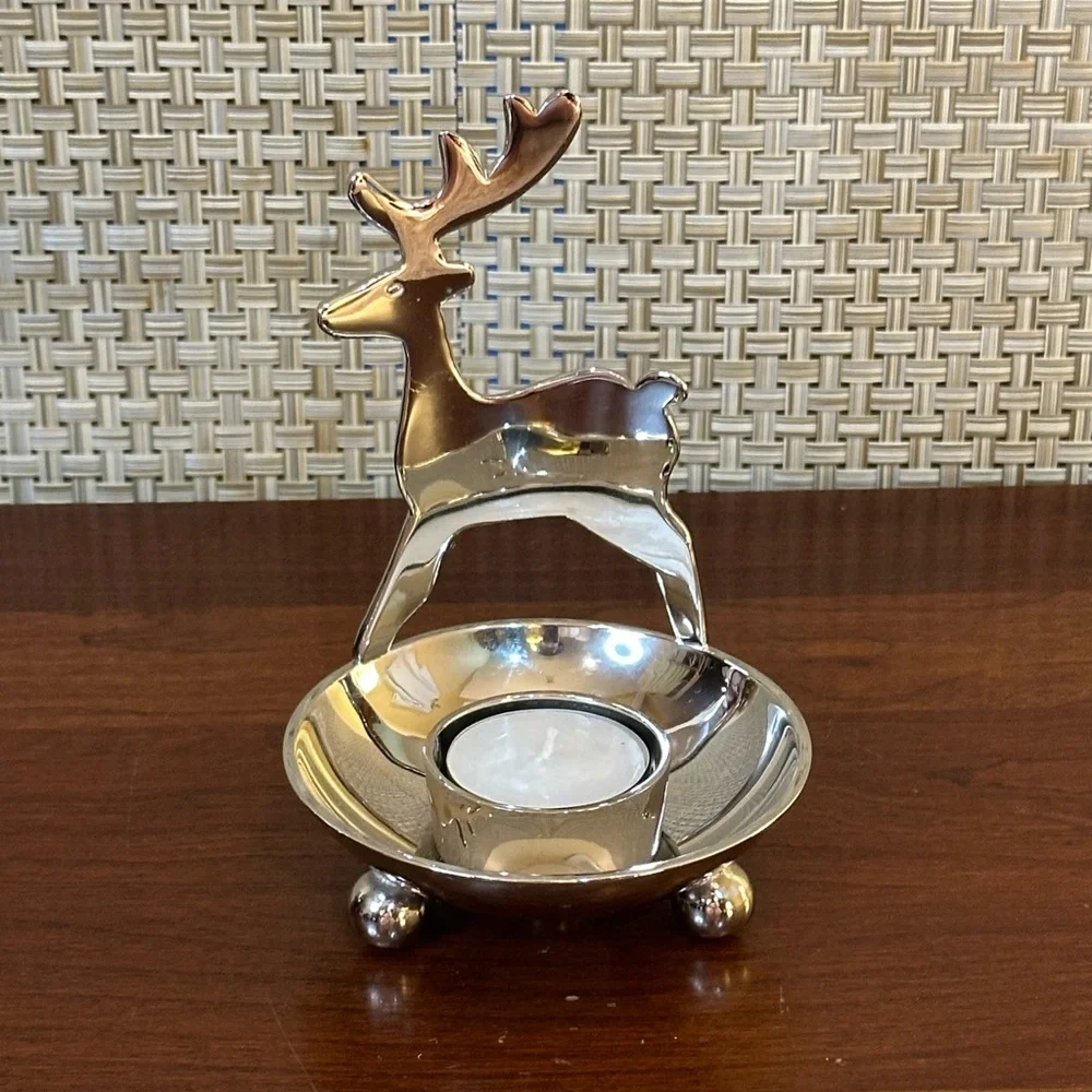 🎄Crate & Barrel Silver Tone Reindeer Votive Tea Light Candle Holder Ball Feet
